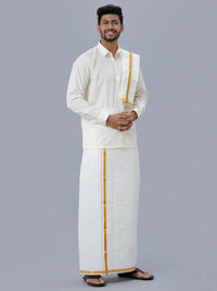 Thumbnail for Ramraj Cotton Premium Wedding Cream Readymade Dhoti, Shirt & Towel Set Dhanvanthri - Distacart