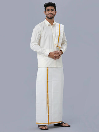 Ramraj Cotton Premium Wedding Cream Readymade Dhoti, Shirt & Towel Set Dhanvanthri - Distacart