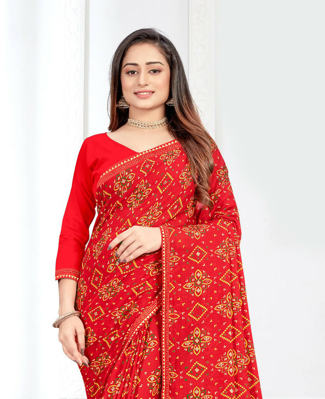 Red Georgette Bandhani Printed Saree With Unstitched Blouse Piece - Jyoti - Distacart
