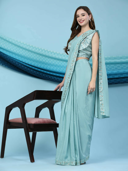 Sky Blue Silk Satin Solid Ready to wear Saree with stitched Blouse - Satiksha - Distacart
