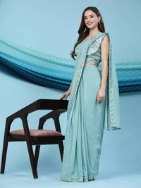 Thumbnail for Sky Blue Silk Satin Solid Ready to wear Saree with stitched Blouse - Satiksha - Distacart