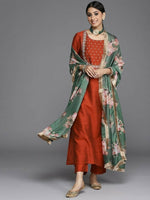 Thumbnail for Varanga Women Maroon Embroidered Yoke Design Kurta with Trousers & Dupatta - Distacart