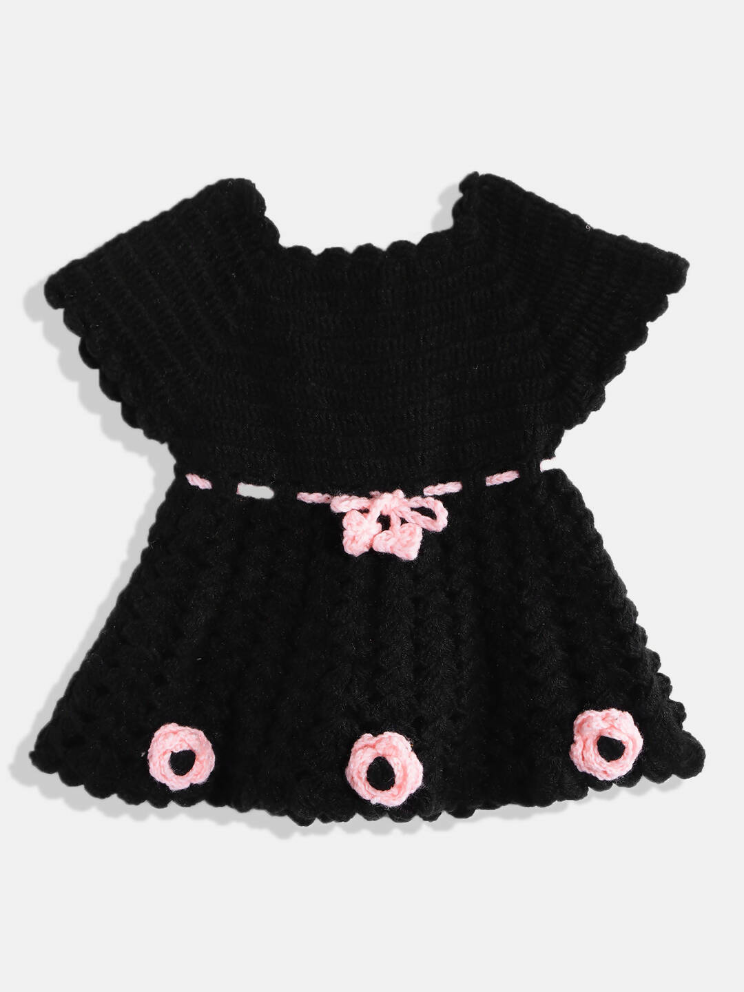 Chutput Kids Woollen Hand Knitted Full Sleeves Cardigan With Short Sleeves Flower Work Dress - Pink - Distacart