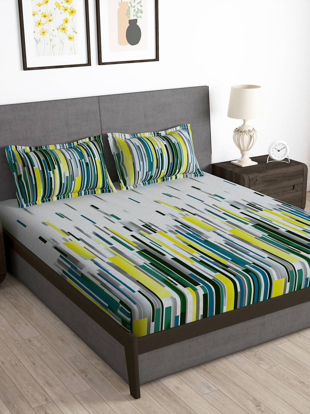 Story@home Grey & White Striped Microfiber 180 TC Bedsheet With Pillow Cover - Distacart