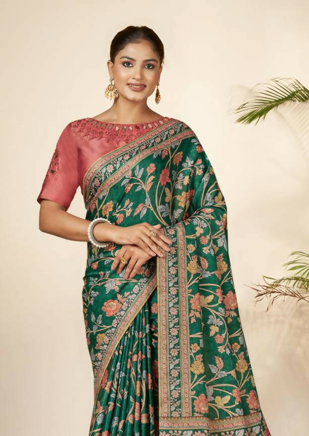 Green Gajji Silk Floral Print with Hand Mirror work Border Saree - Norita Nirvi - Distacart