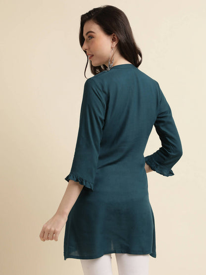 Teal Rayon Yoke Embroidered A-line Top - Tarini - Distacart