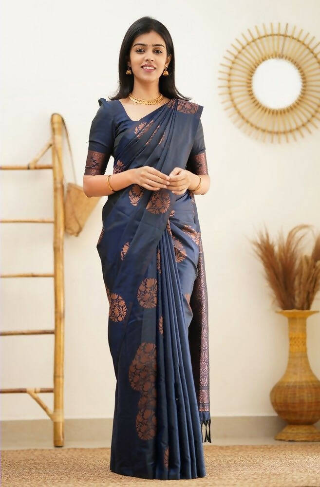 DEIANA'S Beautiful Golden Jari with New Design Soft Lichi Silk Saree - Navy Blue - Distacart