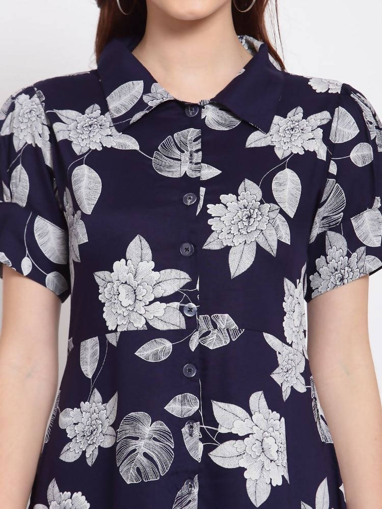 Myshka Women's Navy Blue Printed Cotton Short Sleeve Collar Neck Casual Dress
