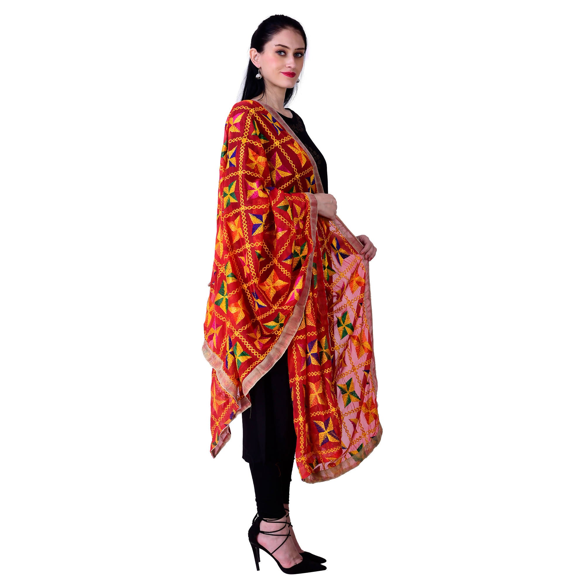 SWI Stylish Women's Embroidered Phulkari Chiffon Red Dupatta
