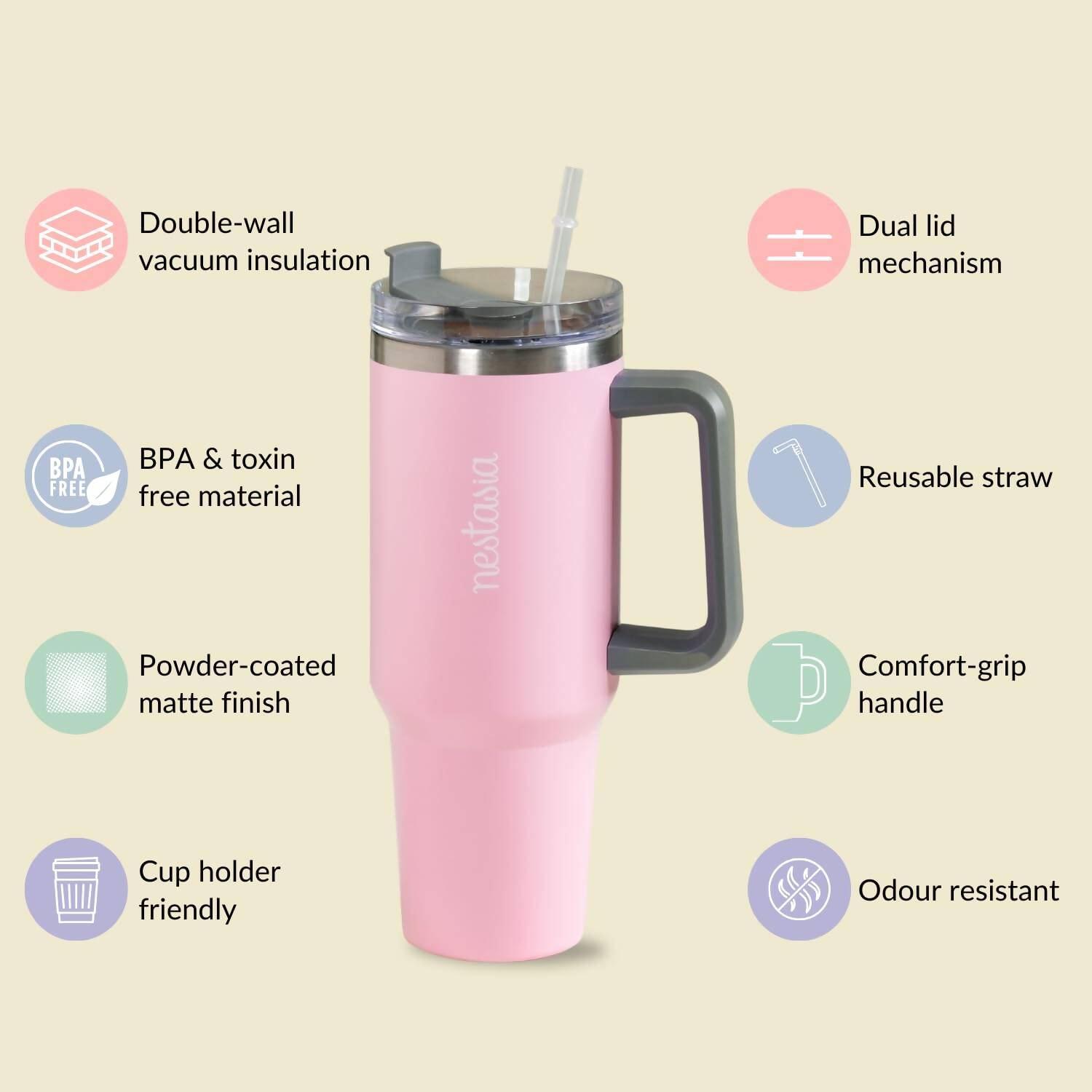 Nestasia Tumbler with Handle Straw & Lid - 1.2L (Pink) - Distacart
