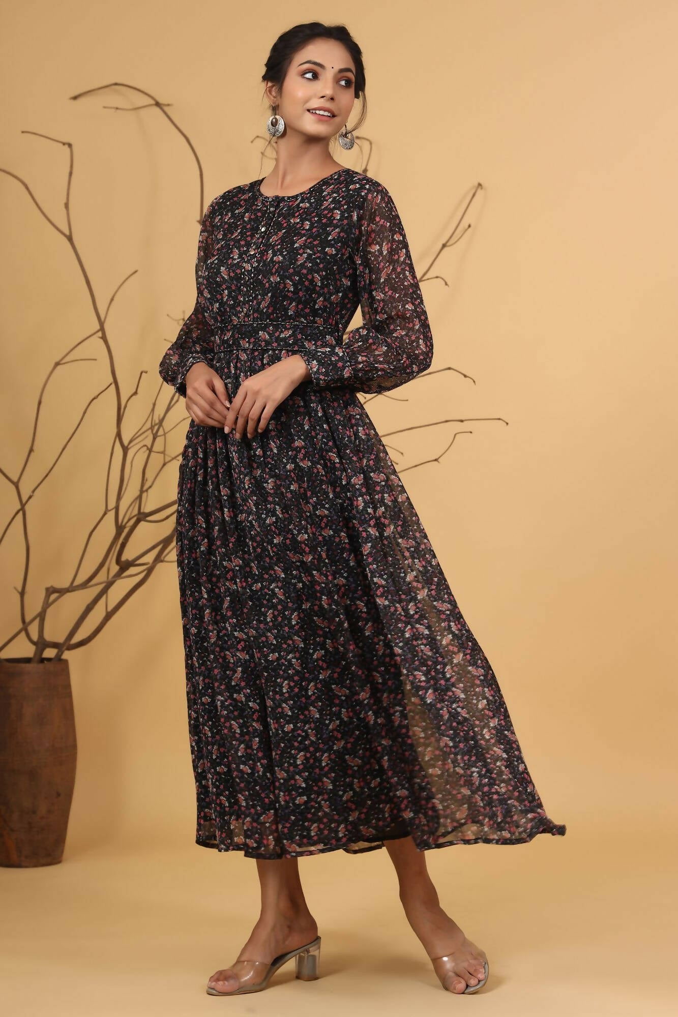 Juniper Women Navy Chiffon Printed Flared Dress - Distacart