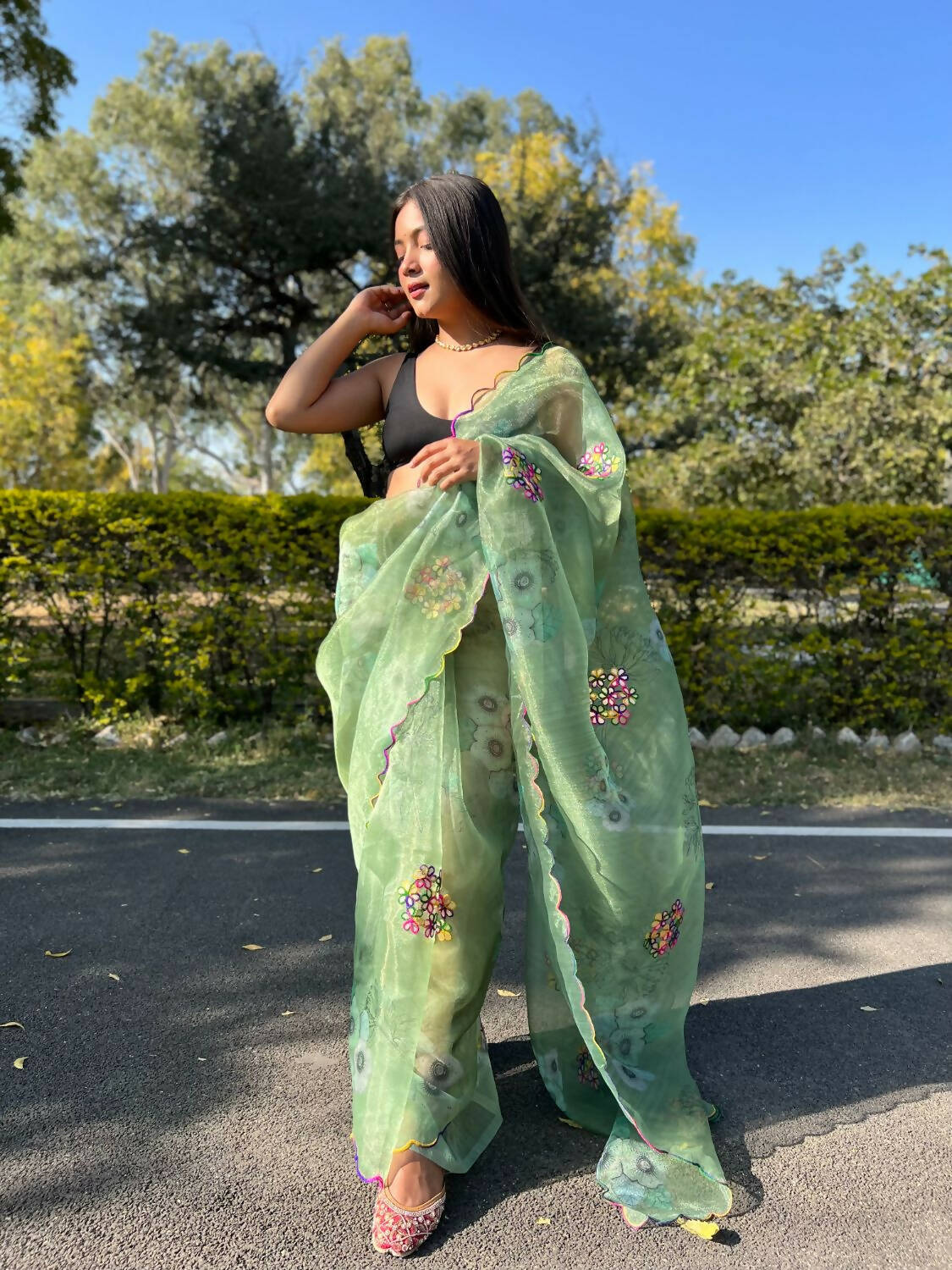 Vamsee Green Organza Saree - Distacart