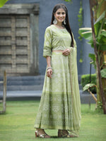 Thumbnail for Juniper Green Santoon Slub Festive Foil Print Straight Lehnga Choli Set For Women - Distacart
