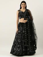 Thumbnail for House of Panchhi Women Black Net Sequins Embroidered Lehenga & Blouse with Dupatta - Distacart