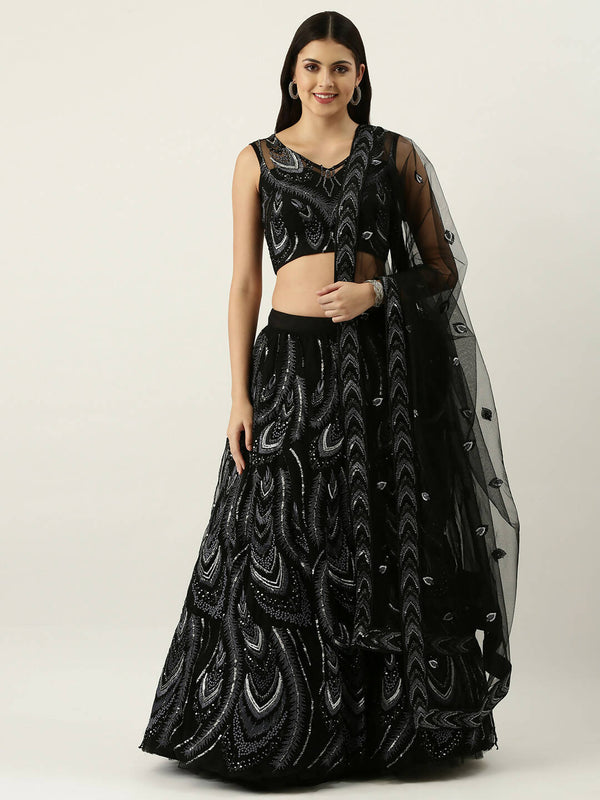 House of Panchhi Women Black Net Sequins Embroidered Lehenga & Blouse with Dupatta - Distacart
