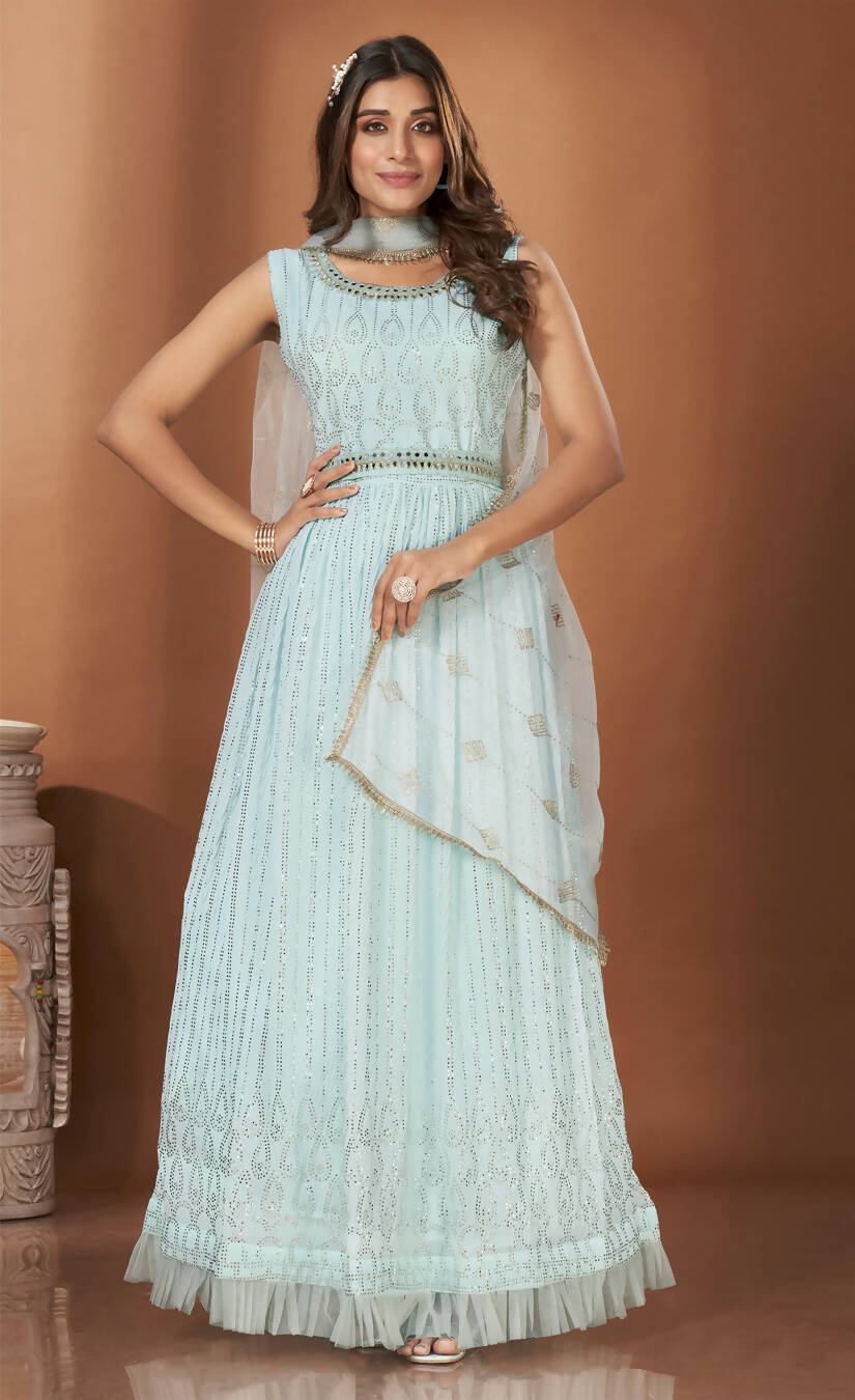 Blue Georgette Crush Mirror Work Gown With Duppatta - Shaili - Distacart