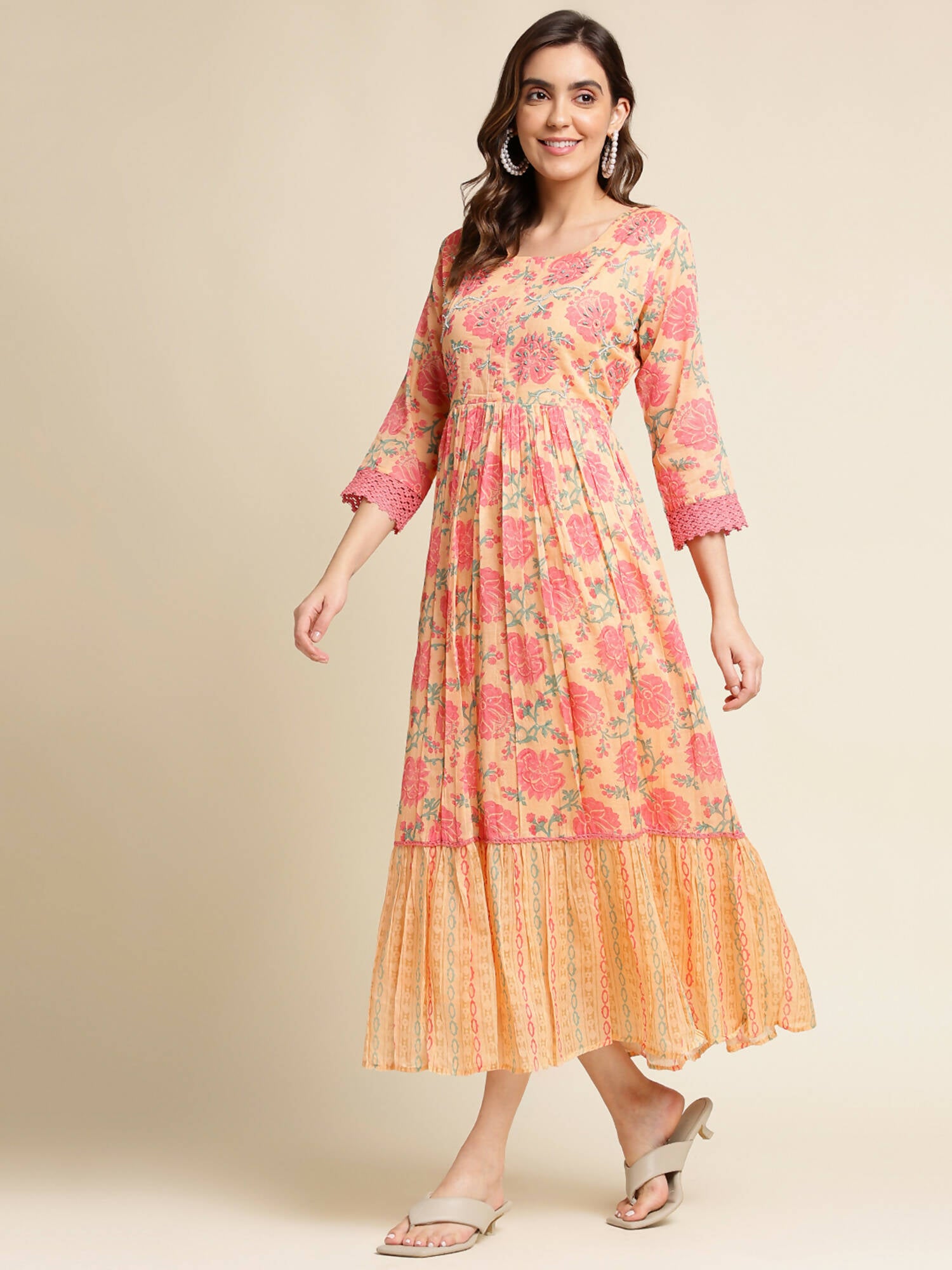 Peach Cotton Floral Printed Fit & Flare Dress - Yukti - Distacart