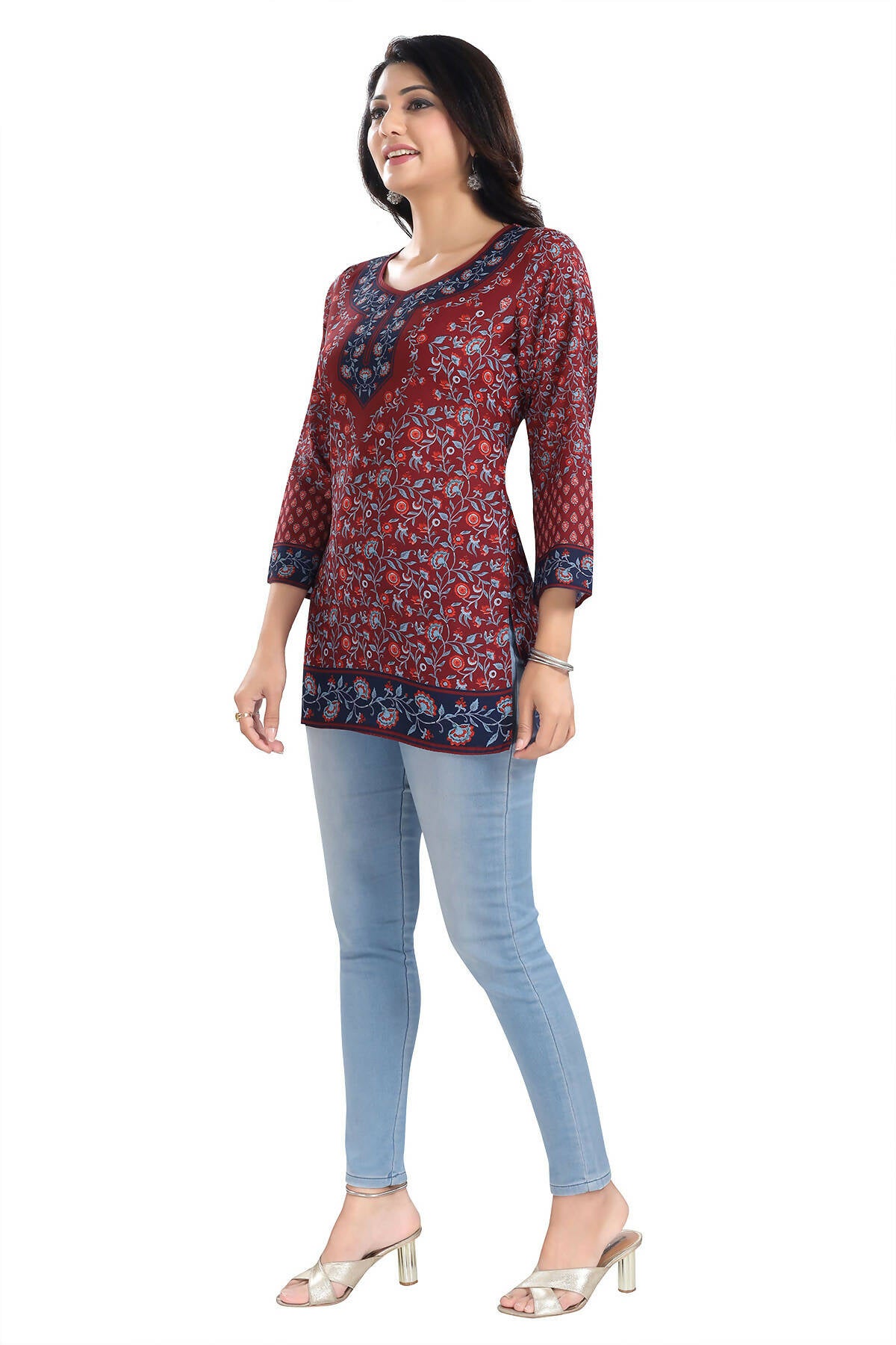 Snehal Creations Magical Maroon Summer Cool Printed Short Kurti Tunic Top - Distacart
