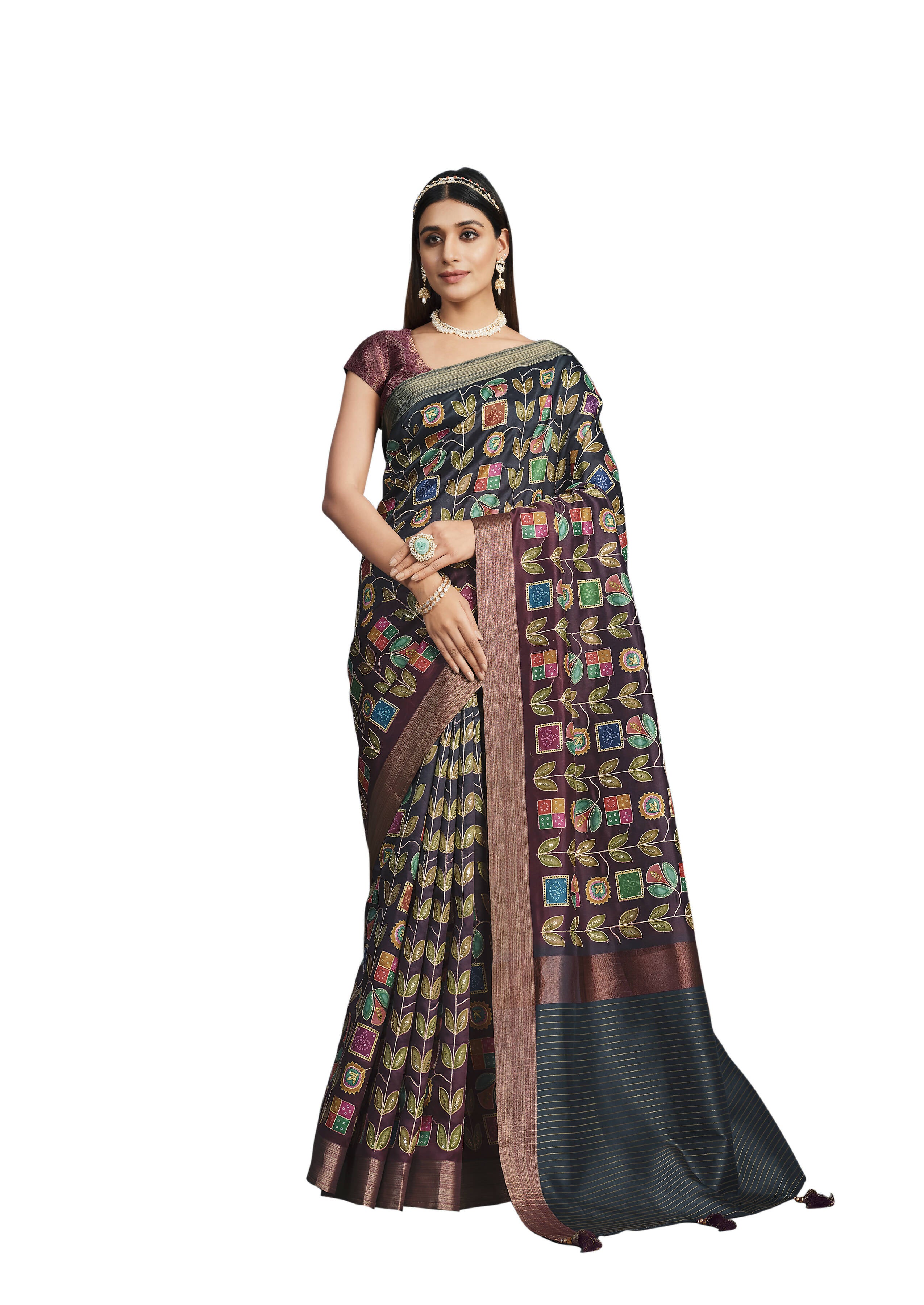 Black & Maroon Tusser Silk Floral Printed With Sequence Embroidered Saree With Unstitched Blouse - Mohmanthan Aahana - Distacart