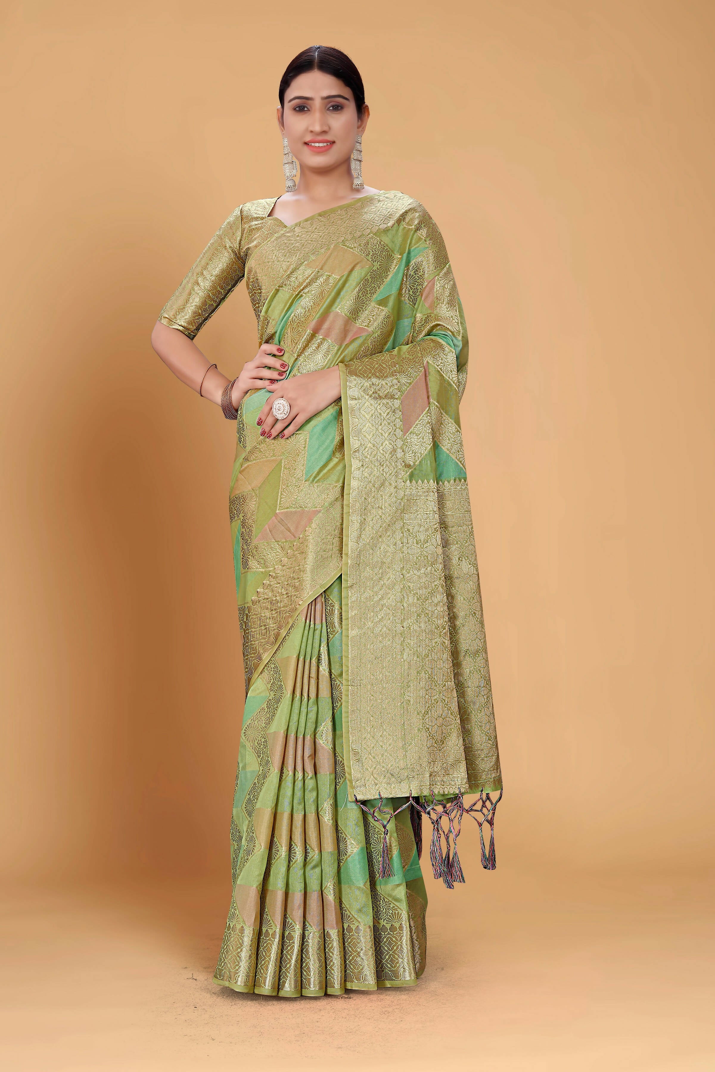 Green Soft Organza Woven Design Saree With Unstitched Blouse Piece - Zaara - Distacart