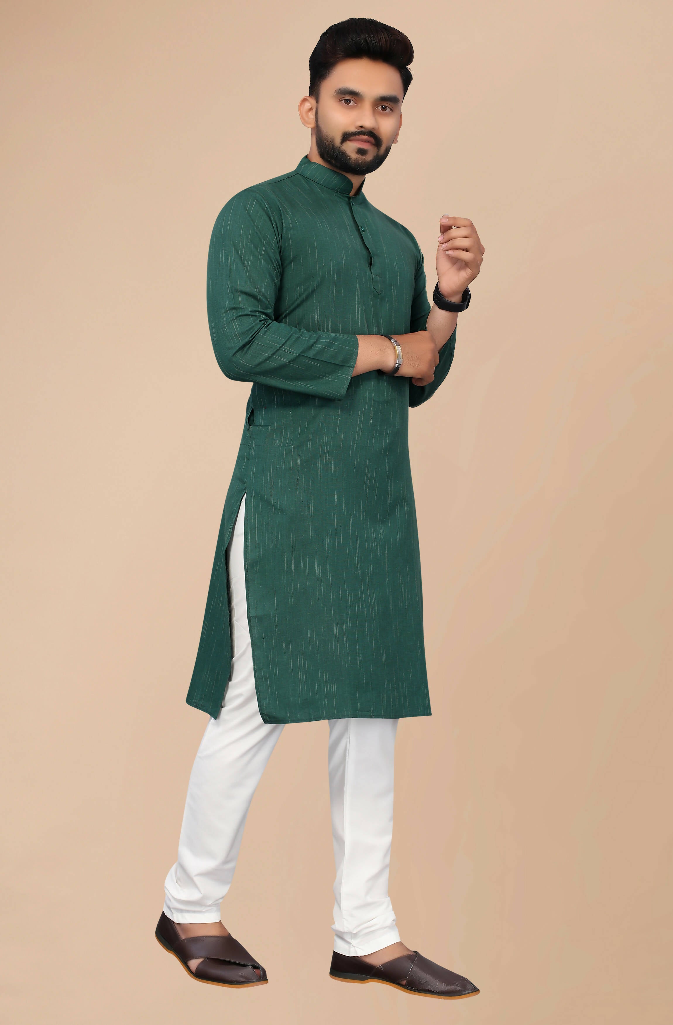 Men's Green Striped Cotton Kurta - Mahotsav - Distacart