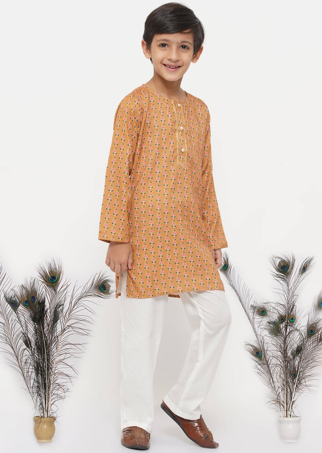 Little Bansi Cotton Silk Floral Kurta with Pearl Buttons & Pyjama - Orange & Cream - Distacart