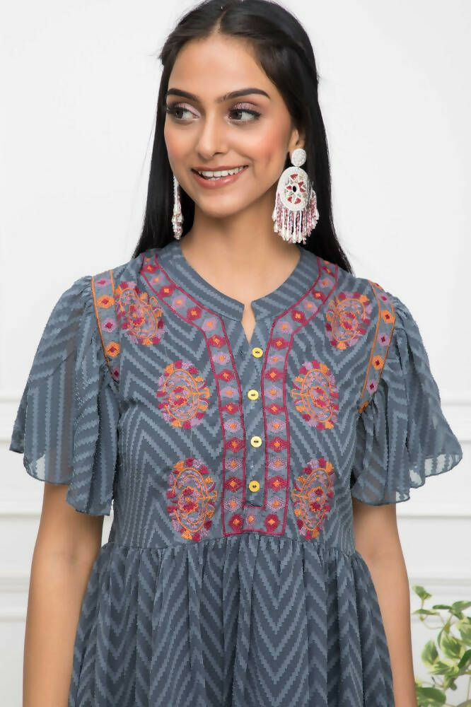 Myshka Women Solid V-Neck Flared Sleeves Synthetic Georgette Grey Top - Distacart