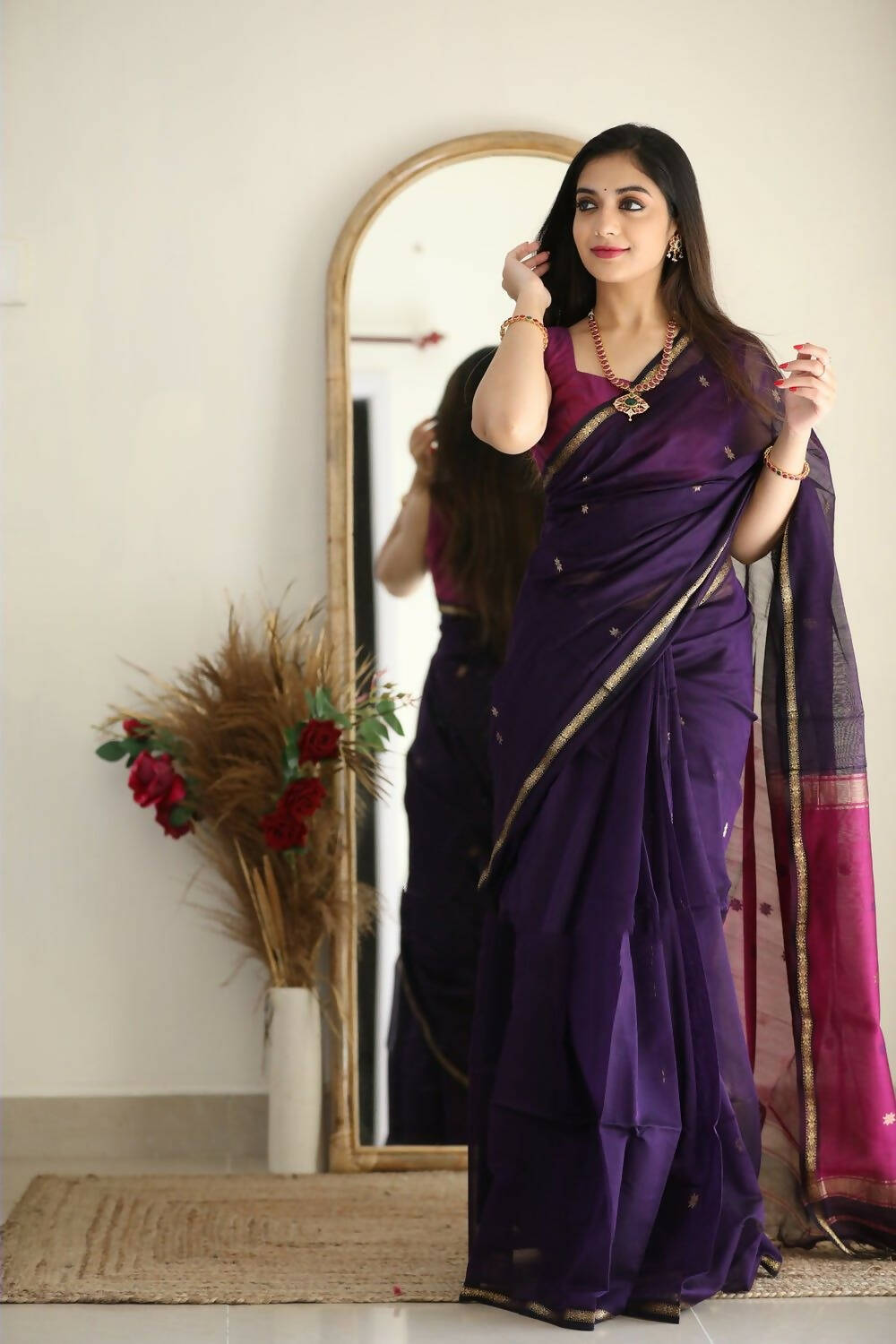 DEIANA'S Beautiful Golden Jari with New Design Soft Cotton Saree - Purple - Distacart