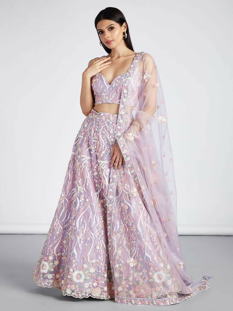 House of Panchhi Mauve Net Sequins And Thread Embroidery Lehenga Choli & Dupatta - Distacart