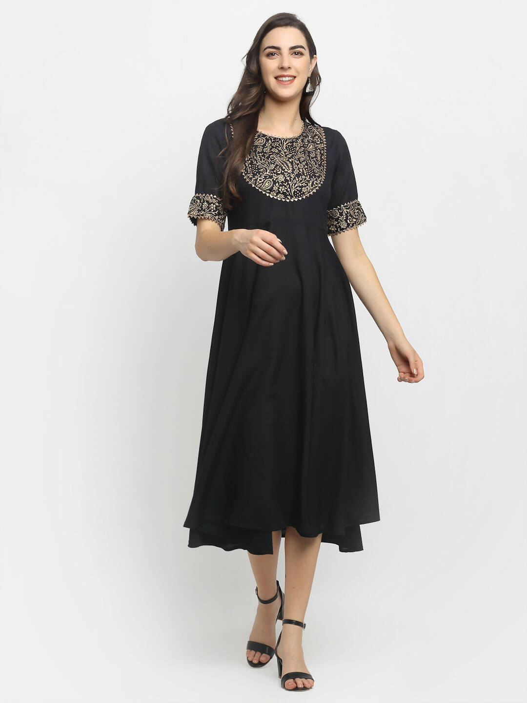 Rudra Bazaar Black Block Printed Flared Ethnic Kurta - Distacart