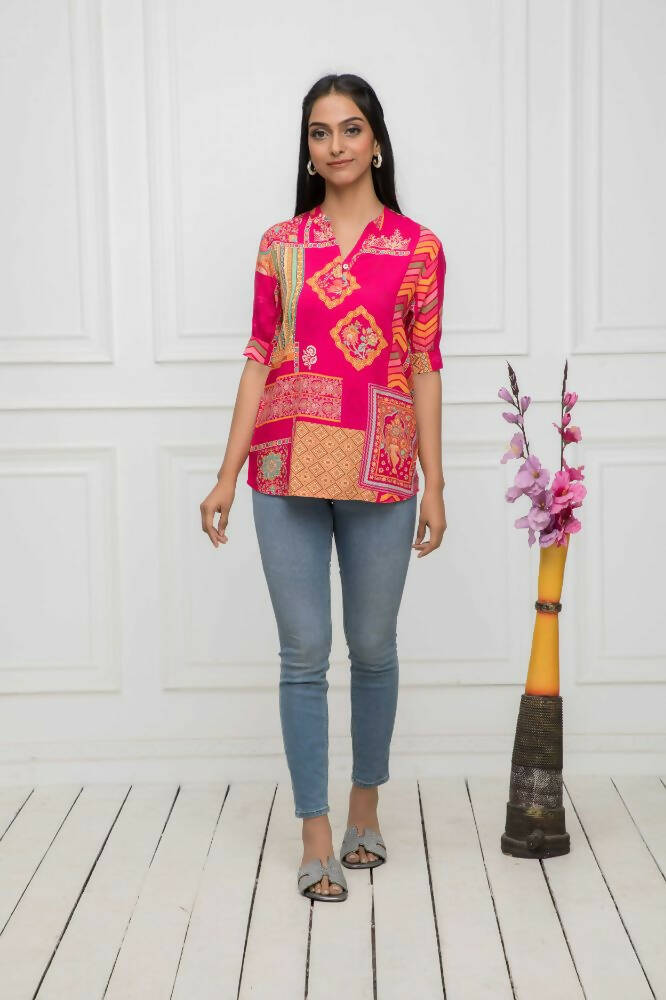 Myshka Women Red Floral Mandarin Collar Regular Sleeves Viscose Rayon Top - Distacart