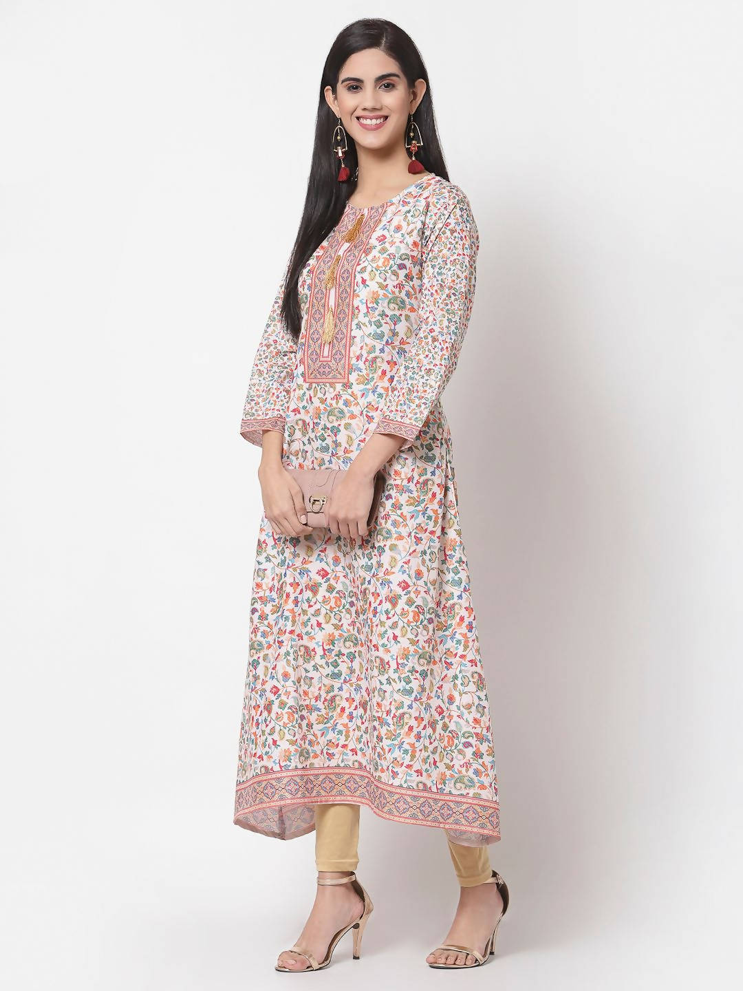 Myshka Multi Cotton Printed Full Sleeve Round Neck Casual Kurta
