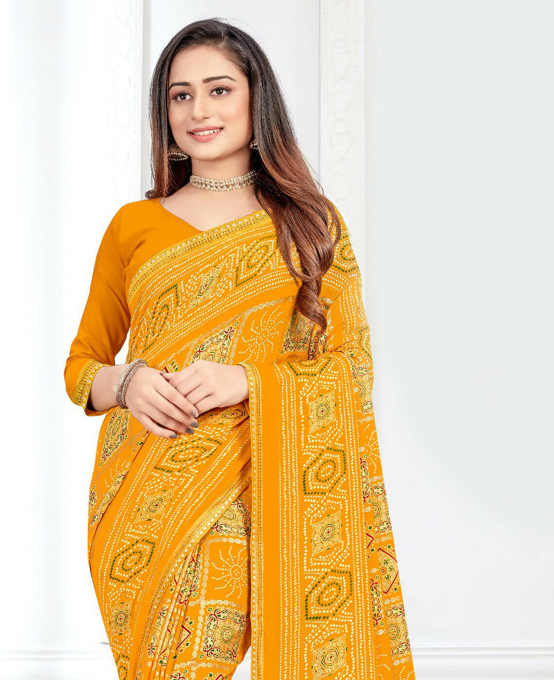 Yellow Georgette Bandhani Printed Saree With Unstitched Blouse Piece - Jyoti - Distacart