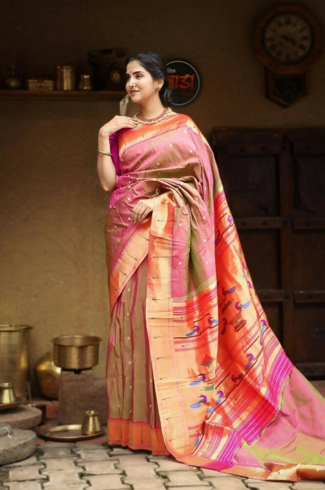 Very Much Indian Handloom Silk Muniya Border Paithani Dual Tone Beautiful Pink Green - Distacart