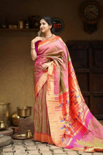 Thumbnail for Very Much Indian Handloom Silk Muniya Border Paithani Dual Tone Beautiful Pink Green - Distacart