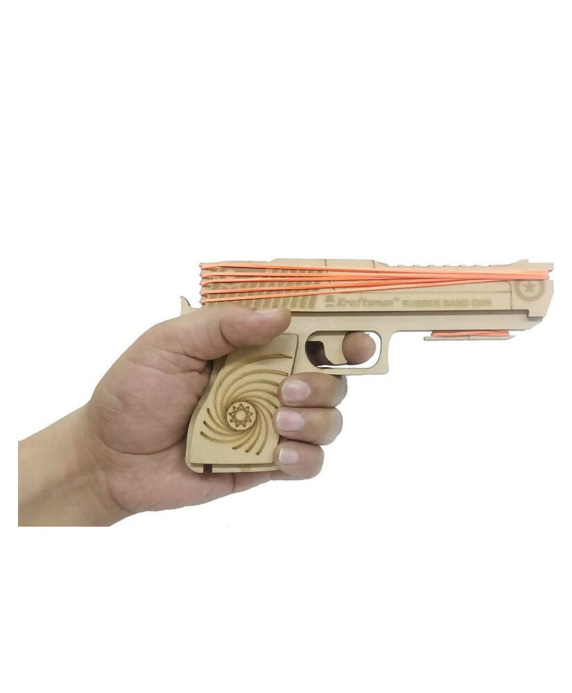 Kraftsman Semi-Automatic Wooden Rubber Band Shooting Gun Toys for Kids & Adults with Target | 5 Rapid Fire Shots (Beige) - Distacart