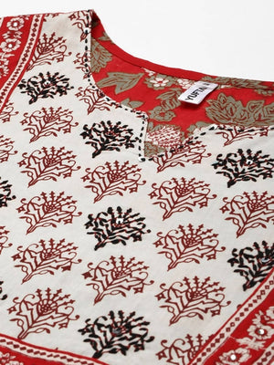 Yufta Women Maroon Floral Printed Regular Thread Work Pure Cotton Kurta with Palazzo & With Dupatta