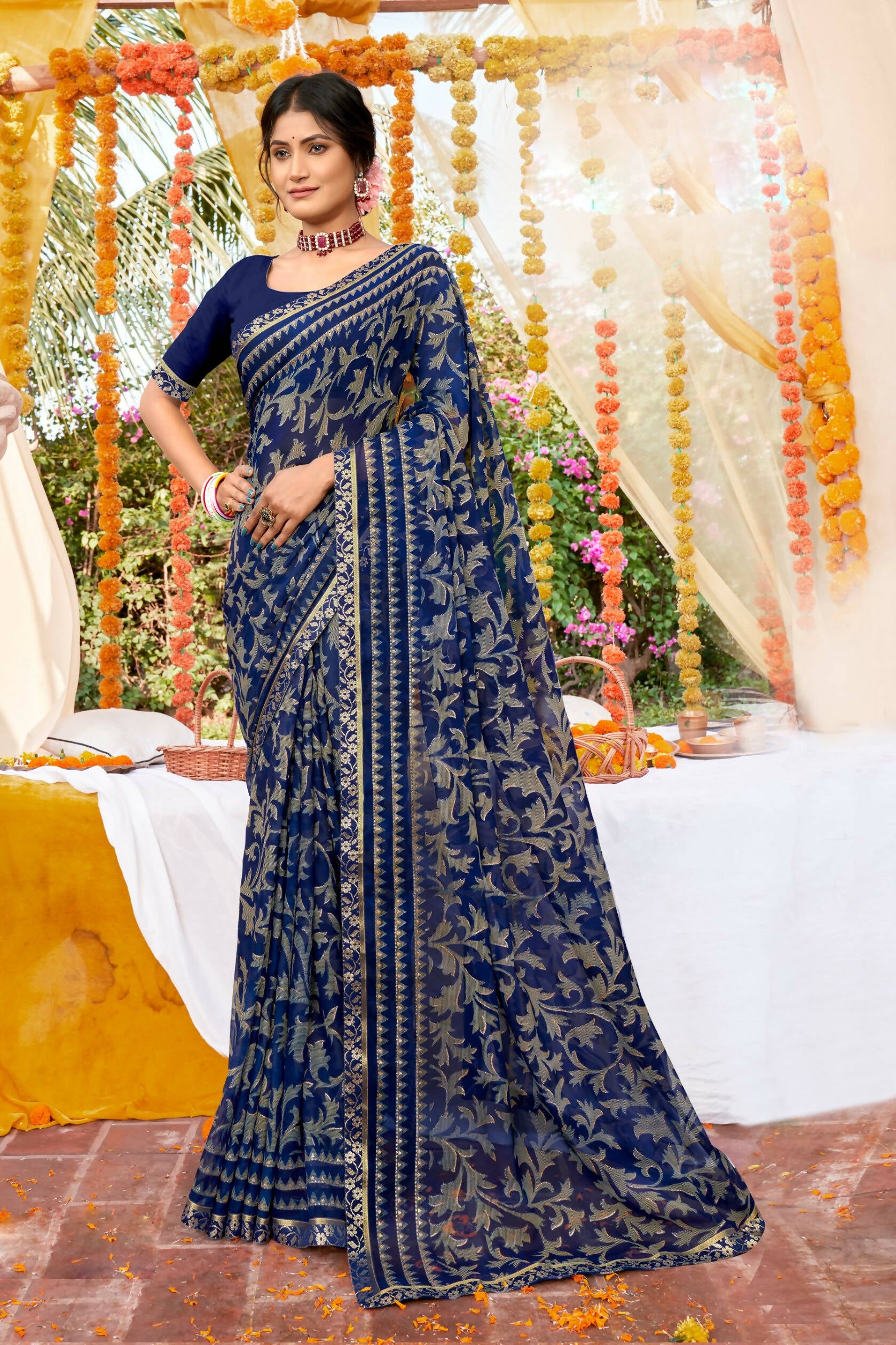 Navy Blue Georgette Foil Printed Saree with Unstitched Blouse piece - Avika - Distacart