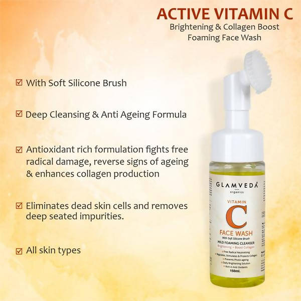 Glamveda Active Vitamin C Brightening & Collagen Boost Foaming Face Wash With Soft Silicone Brush
