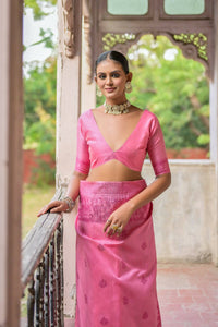 Thumbnail for Vishnu Weaves Women's Pink Handloom Raw Silk Woven Border Saree with Blouse - Distacart