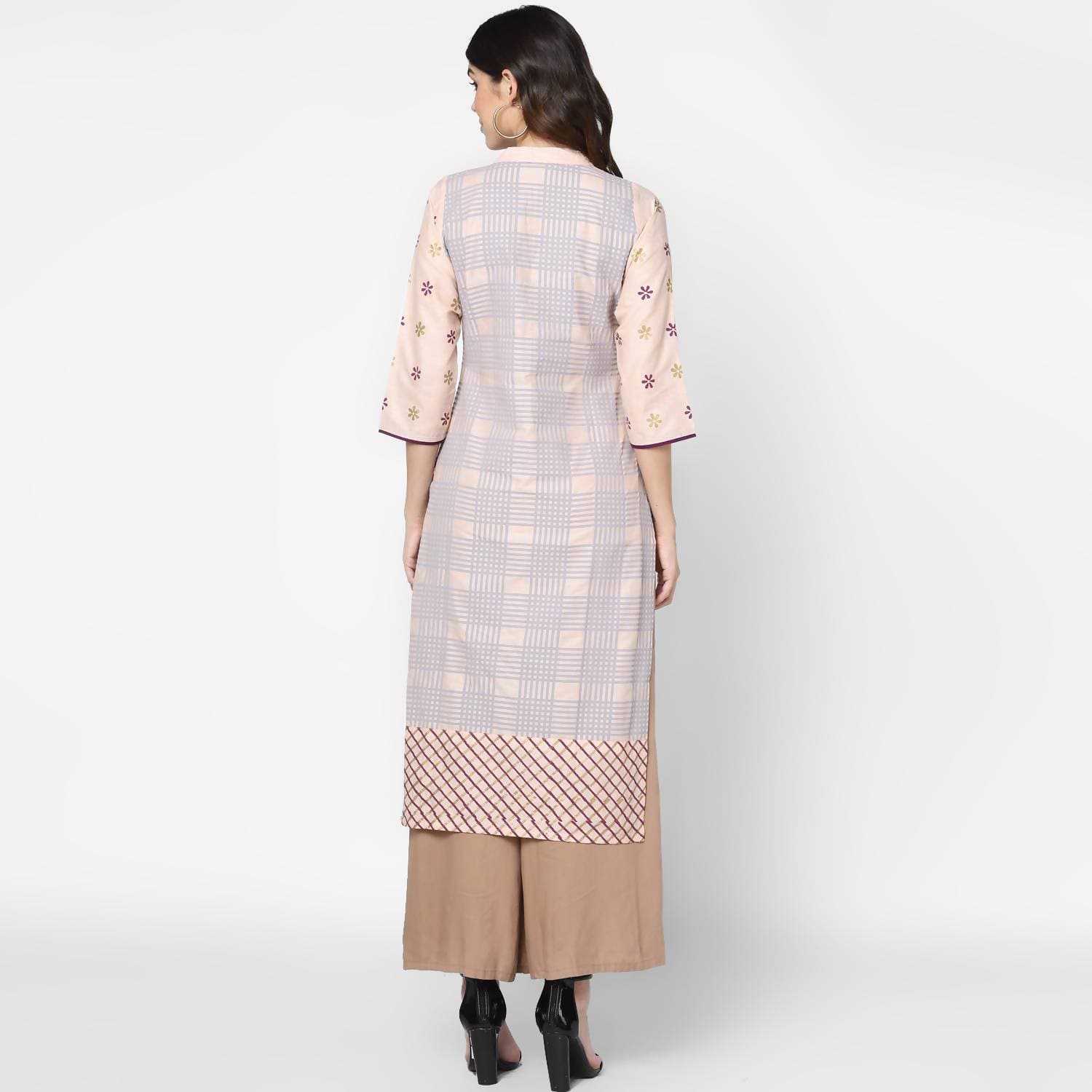 Cheera Hand Block Print Pale Pink & Skin Color Straight Kurta With Palazzo (MAAI-088K)