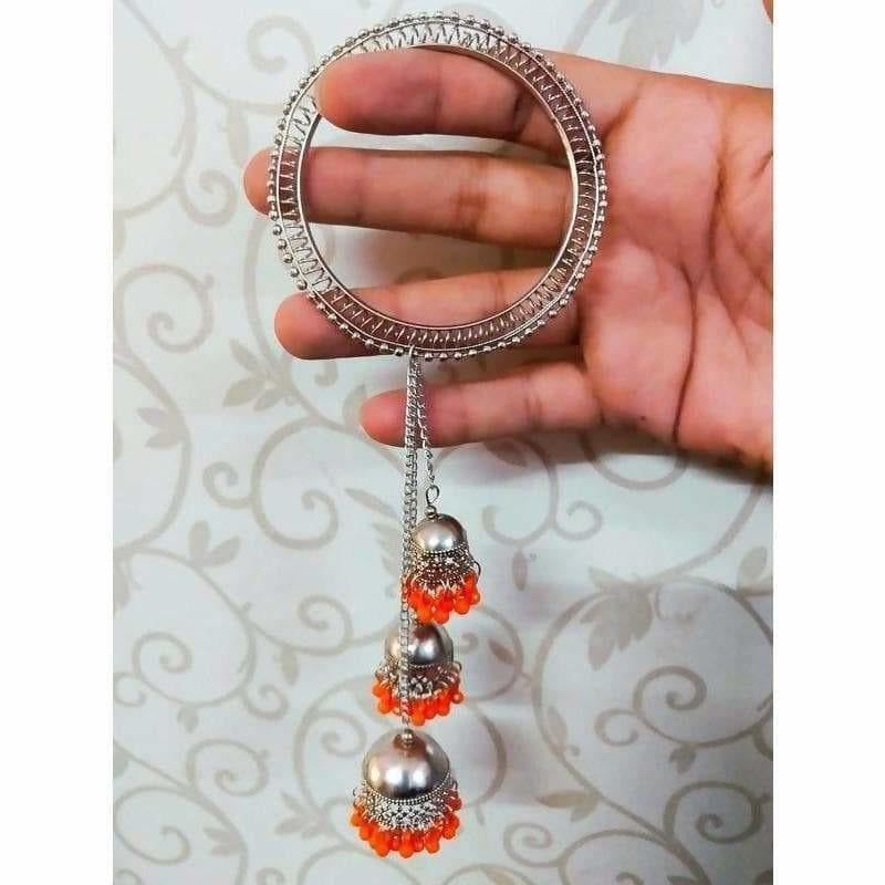 Silver Color Latkan Jhumka Bangles With Orange Pearls