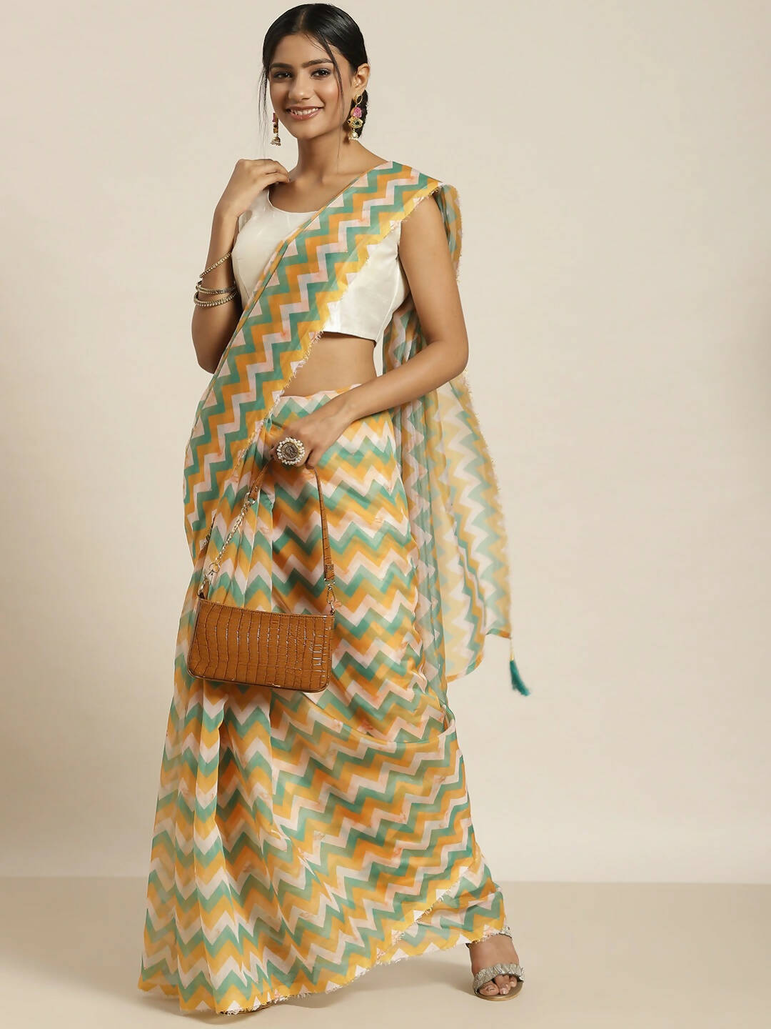 Green Organza Printed Saree With Blouse Piece - Nivaa - Distacart