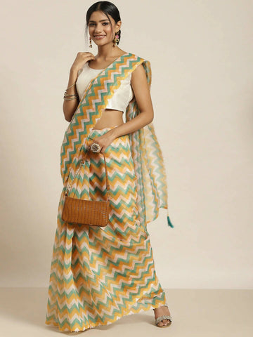 Green Organza Printed Saree With Blouse Piece - Nivaa - Distacart