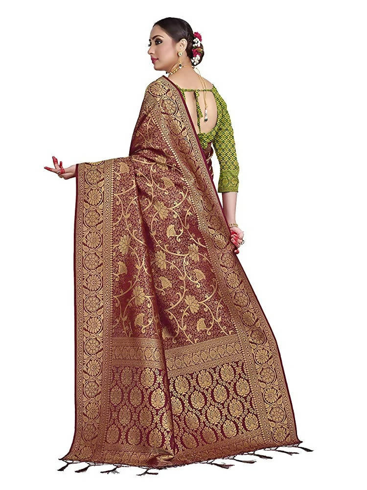 Vardha Women's Maroon Color Kanchipuram Raw Silk Saree with Unstitched Blouse Piece