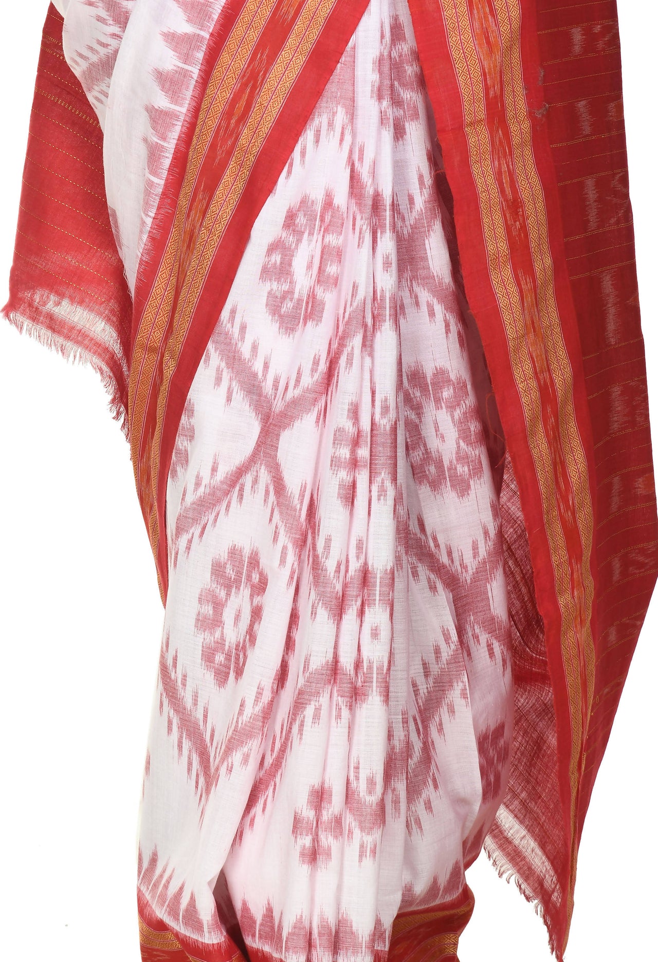 Vamika Sambalpuri Ikat Cotton Dehabandha Badafula White & Red Saree - Distacart