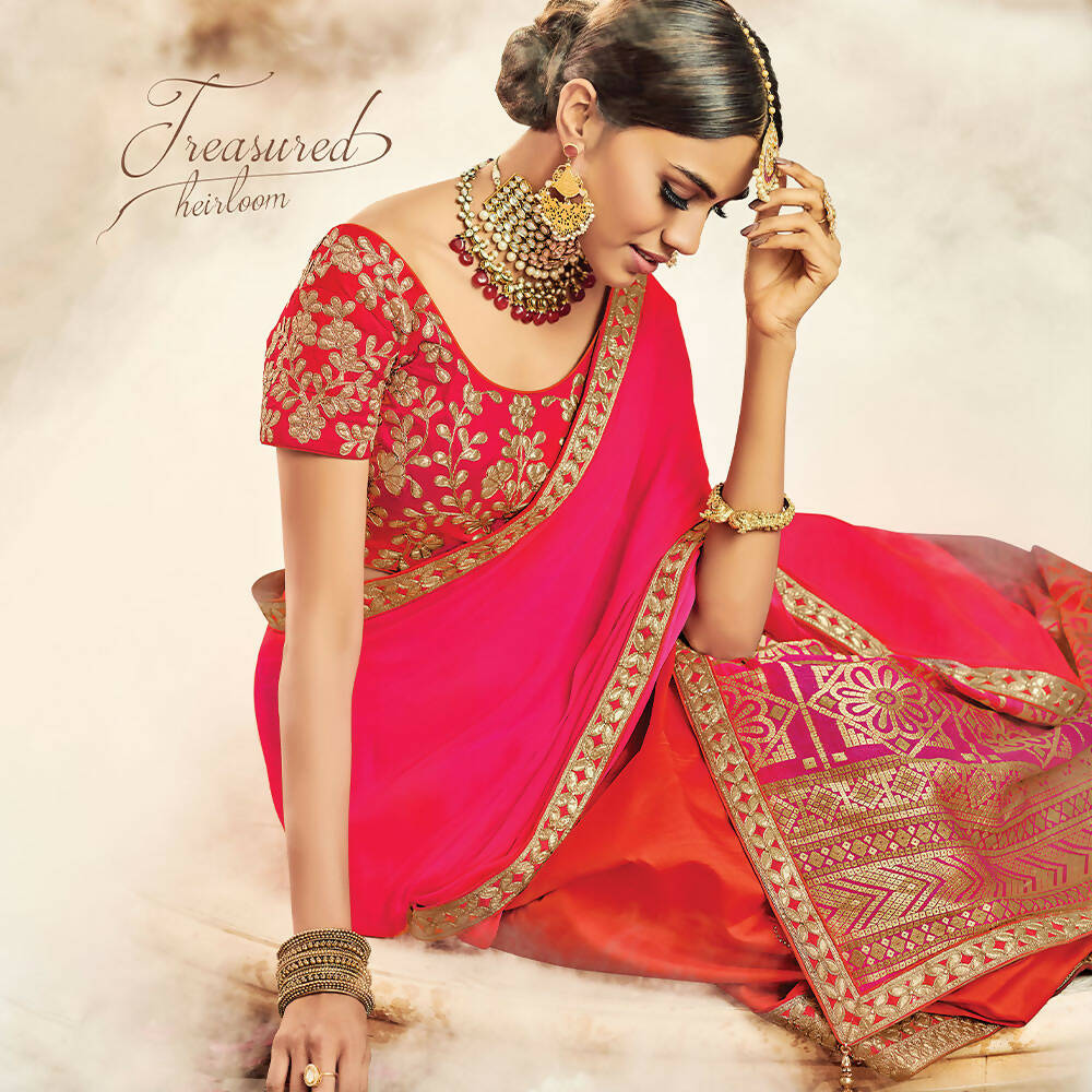 Orange, Pink Taffeta Silk, Raw Silk Gota Embroidery Semi-Stitched Lehenga Saree - Mohmanthan Dezzy - Distacart