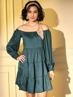 Thumbnail for Teal Viscose Solid Design Flared Dress - Shivani - Distacart