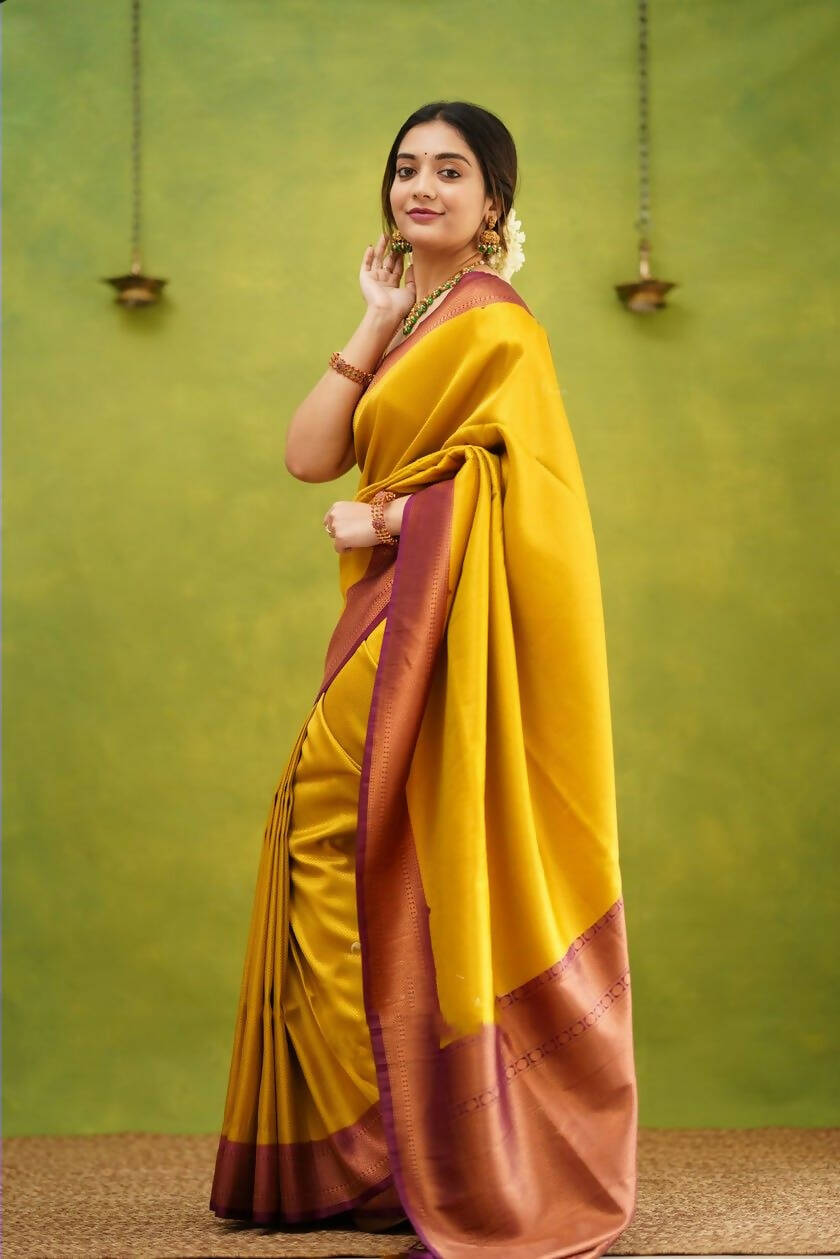 DEIANA'S Beautiful Golden Jari with New Design Soft Lichi Silk Saree - Yellow - Distacart