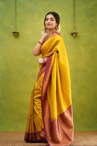 Thumbnail for DEIANA'S Beautiful Golden Jari with New Design Soft Lichi Silk Saree - Yellow - Distacart
